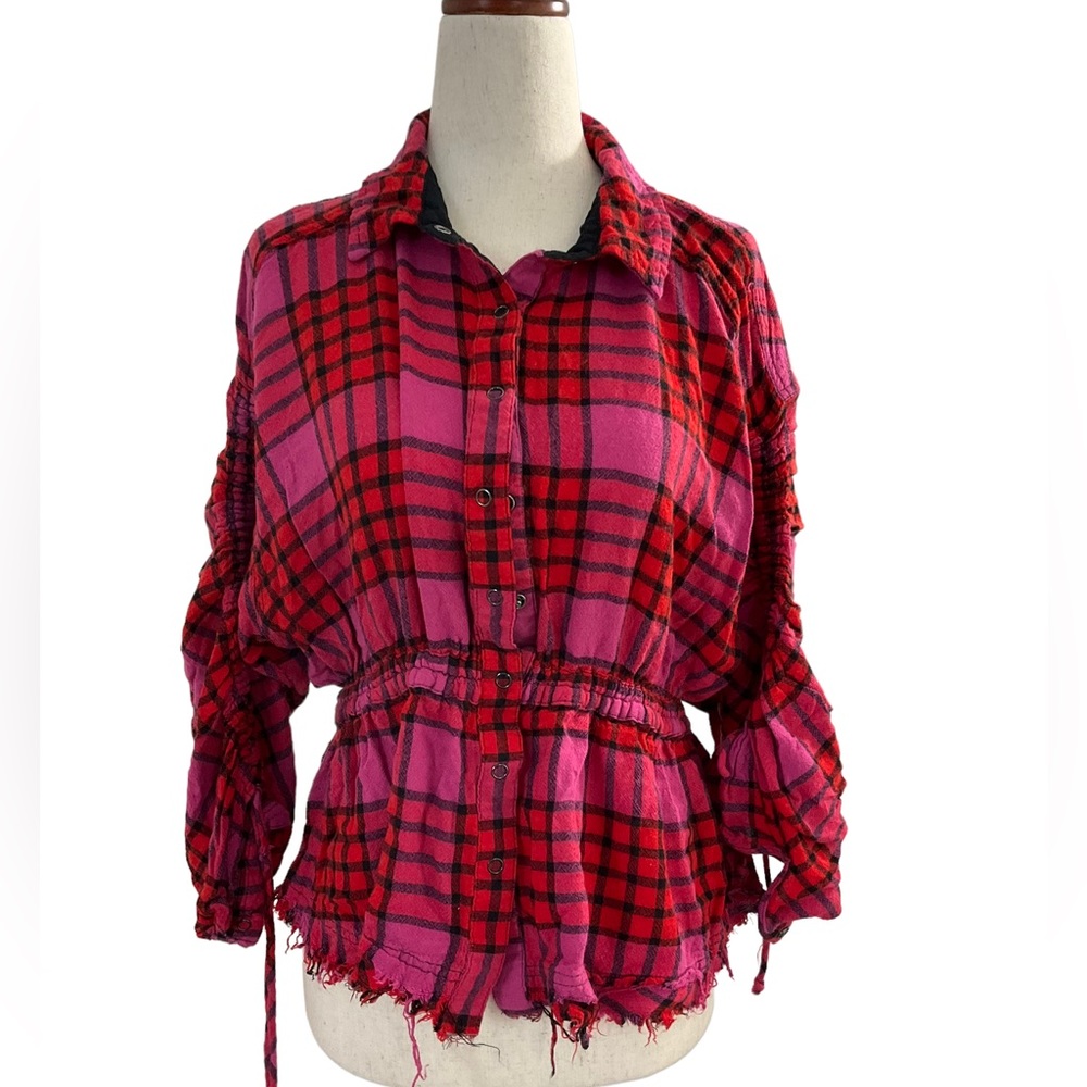 We the Free People Womens Top Small Red Pink Distress Boho Button Down